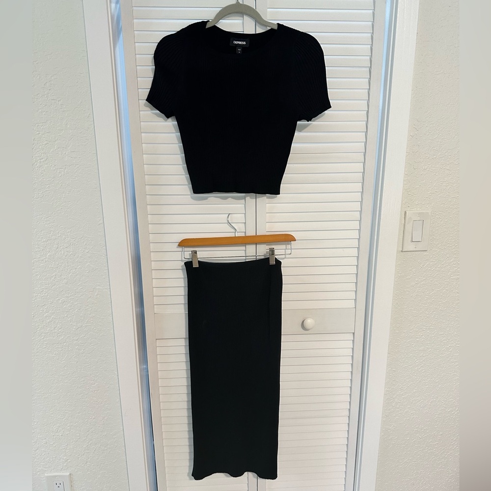 Express, two-piece black cropped top and maxi skirt